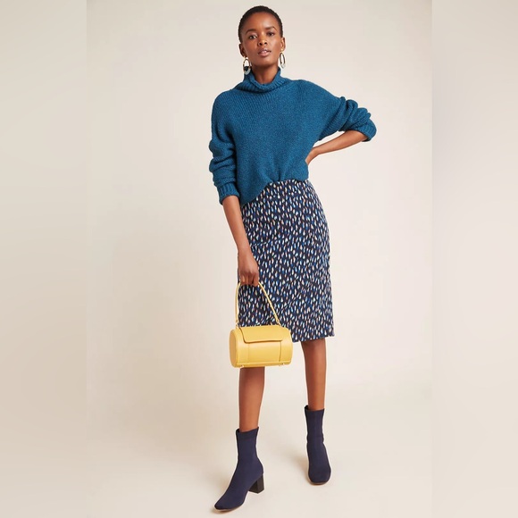 Maeve by Anthropologie Debra Navy Orange Faux Wrap Knit Pencil Skirt Size 10 - Picture 2 of 8